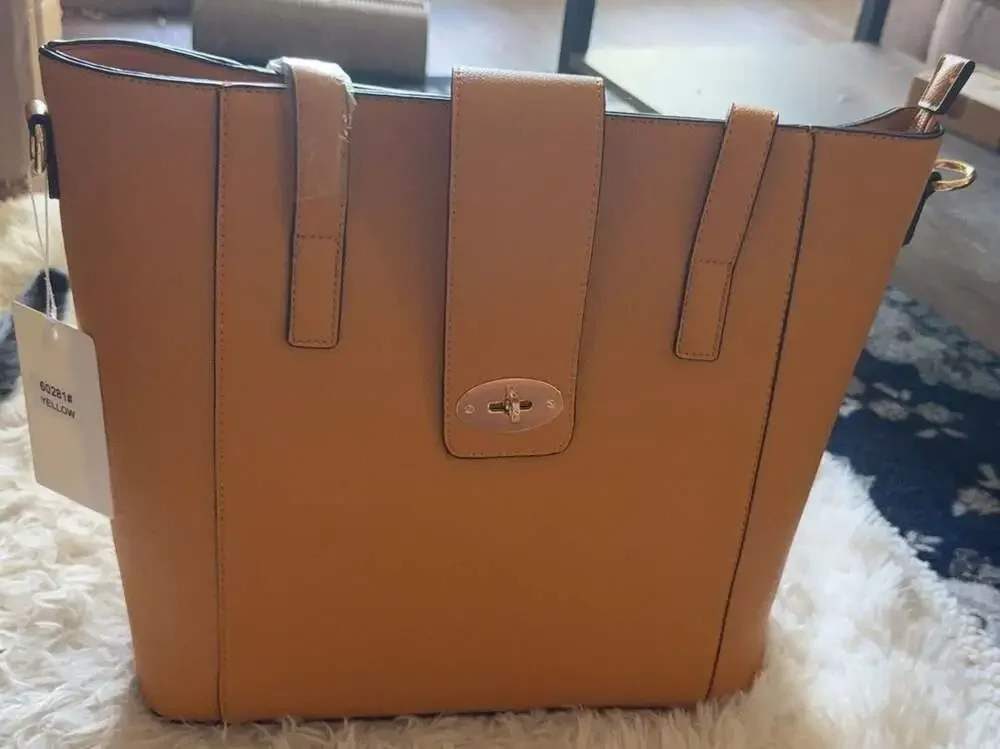 Yellow Faux Leather Tote Bag‎ with Turn-Lock Closure